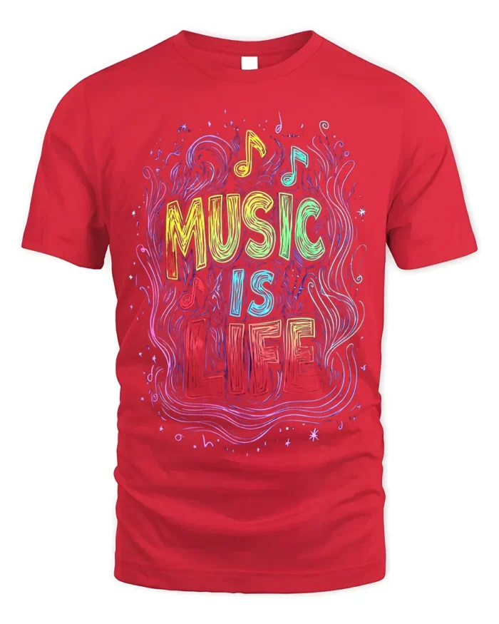 Music Is Life T-Shirt Colorful Neon Style Music Lover - red t-shirt on white background