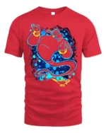 Magic Genie T-Shirt Blue Neon Cartoon Lamp Graphic - red t-shirt on white background
