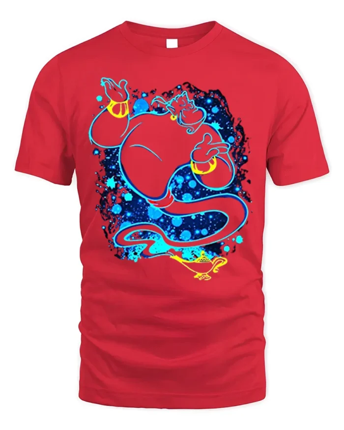 Magic Genie T-Shirt Blue Neon Cartoon Lamp Graphic - red t-shirt on white background