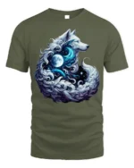 Mystic Wolf Moon Galaxy Spirit Animal Graphic T-Shirt - military green t-shirt on white background