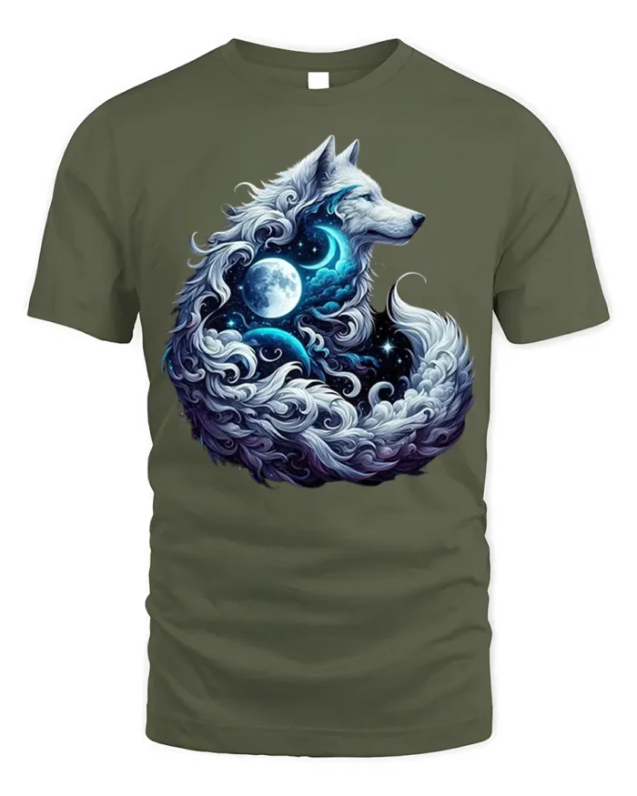 Mystic Wolf Moon Galaxy Spirit Animal Graphic T-Shirt - military green t-shirt on white background