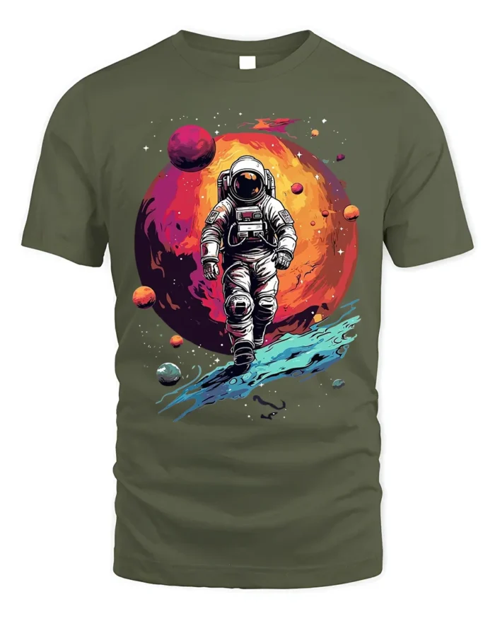 Retro Astronaut Spacewalk Galaxy Adventure T-Shirt - military green t-shirt on white background