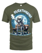 Overthinking Skeleton Sitting on Bench Graphic T-Shirt - military green t-shirt on white background