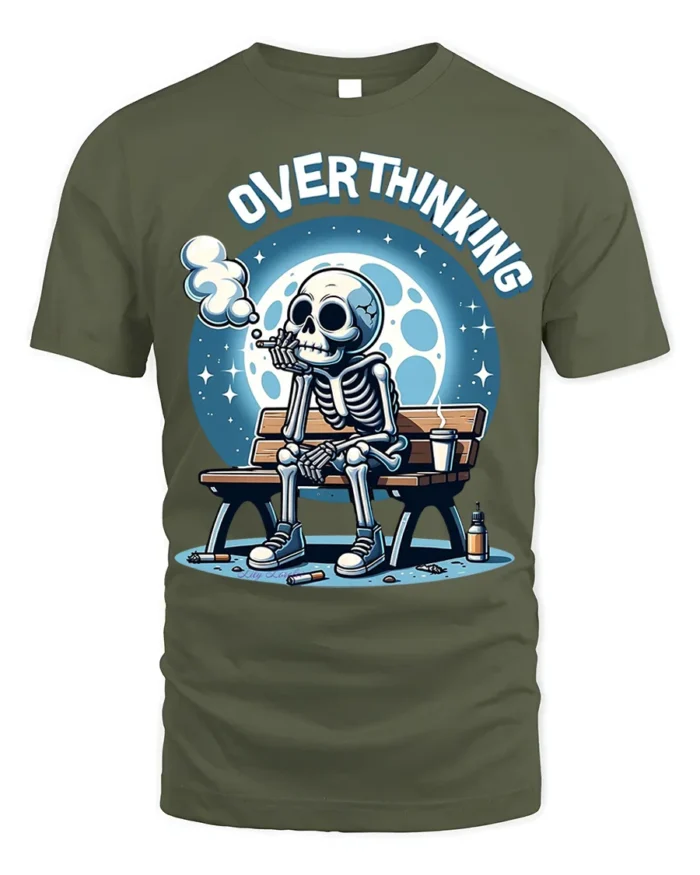 Overthinking Skeleton Sitting on Bench Graphic T-Shirt - military green t-shirt on white background