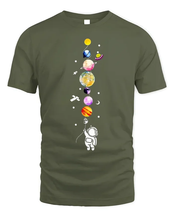 Cute Astronaut Holding Planets Balloon Galaxy T-Shirt - military green t-shirt on white background