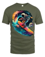Astronaut Surfing Space Wave Retro Galaxy T-Shirt - military green t-shirt on white background