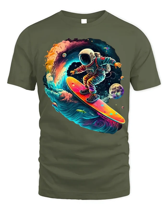 Astronaut Surfing Space Wave Retro Galaxy T-Shirt - military green t-shirt on white background