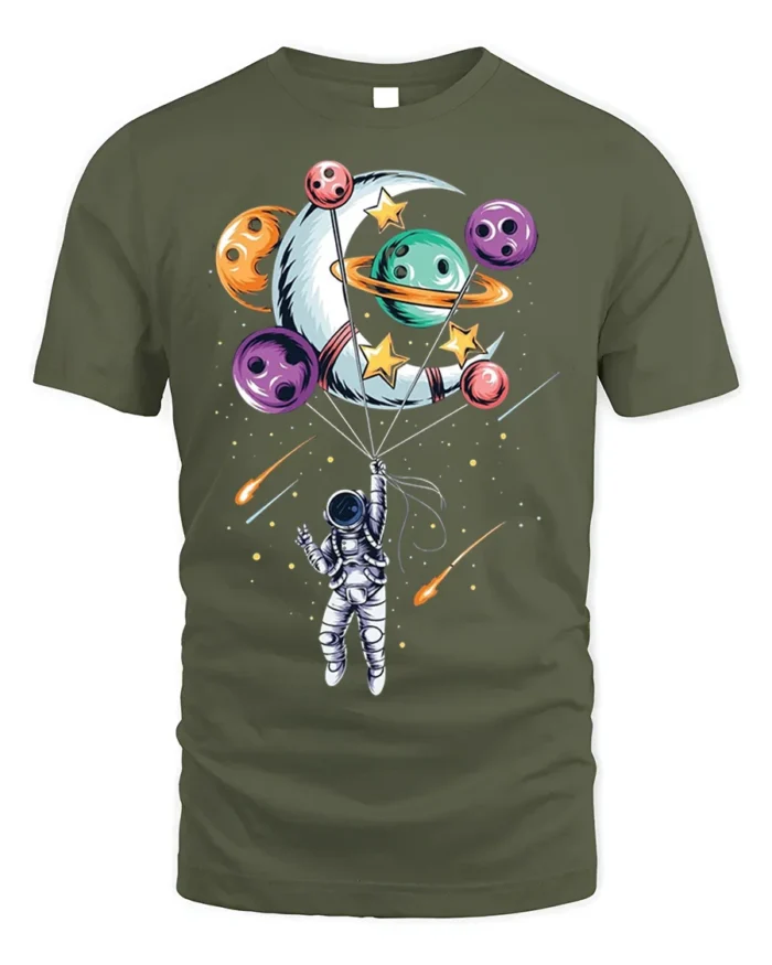 Astronaut Floating with Planet Balloons Space Art T-Shirt - military green t-shirt on white background