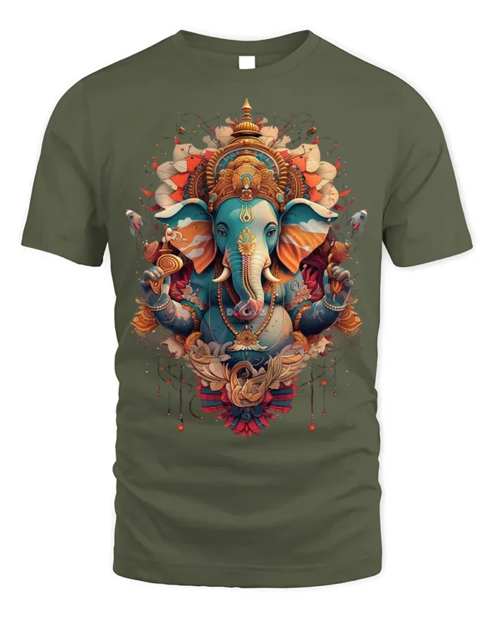 Colorful Lord Ganesha Hindu Art Spiritual T-Shirt Design - military green t-shirt on white background