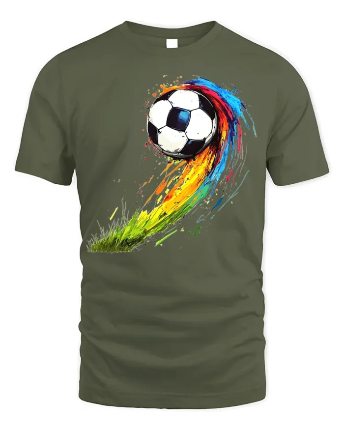 Color Splash Soccer Ball Graphic T-Shirt for Sports Fans - military green t-shirt on white background