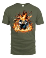 Drum Set on Fire T-Shirt Cool Rock Music Graphic - military green t-shirt on white background
