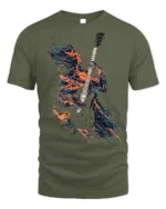 Flaming Guitarist T-Shirt Electric Fire Music Graphic - military green t-shirt on white background