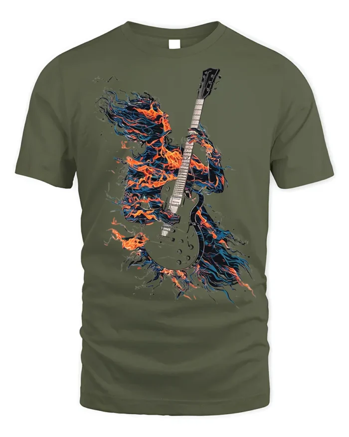 Flaming Guitarist T-Shirt Electric Fire Music Graphic - military green t-shirt on white background