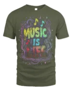 Music Is Life T-Shirt Colorful Neon Style Music Lover - military green t-shirt on white background