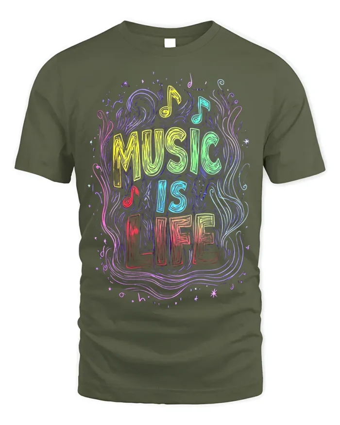 Music Is Life T-Shirt Colorful Neon Style Music Lover - military green t-shirt on white background