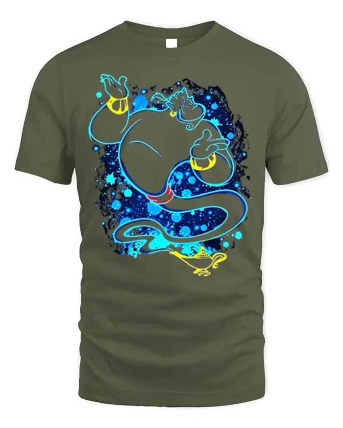 Magic Genie T-Shirt Blue Neon Cartoon Lamp Graphic - military green t-shirt on white background