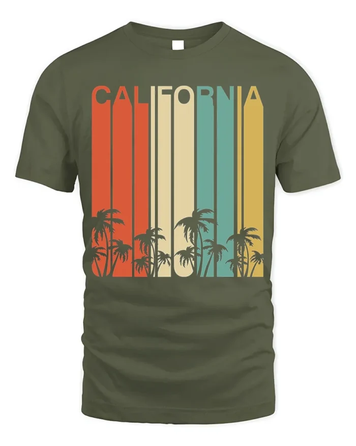 Retro California T-Shirt Vintage Sunset Palm Tree - military green t-shirt on white background