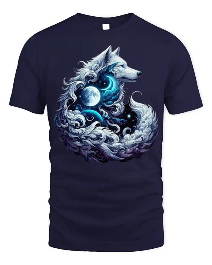 Mystic Wolf Moon Galaxy Spirit Animal Graphic T-Shirt - navy t-shirt on white background