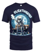 Overthinking Skeleton Sitting on Bench Graphic T-Shirt - navy t-shirt on white background