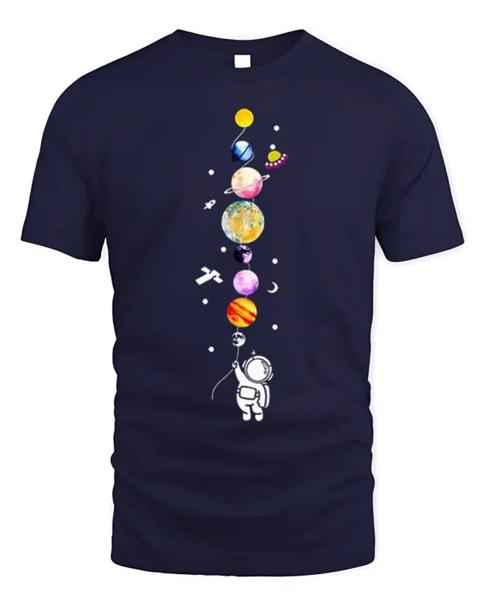 Cute Astronaut Holding Planets Balloon Galaxy T-Shirt - navy t-shirt on white background