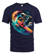 Astronaut Surfing Space Wave Retro Galaxy T-Shirt - navy t-shirt on white background