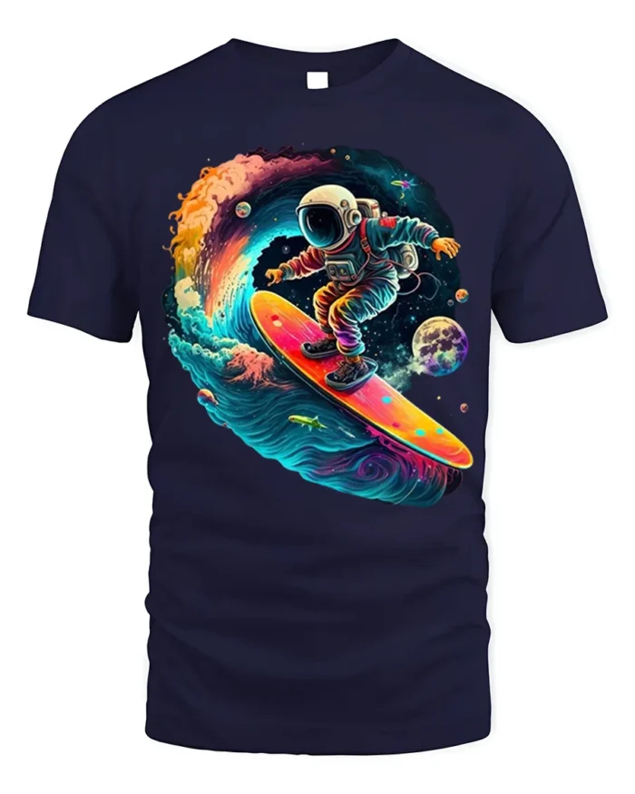 Astronaut Surfing Space Wave Retro Galaxy T-Shirt - navy t-shirt on white background