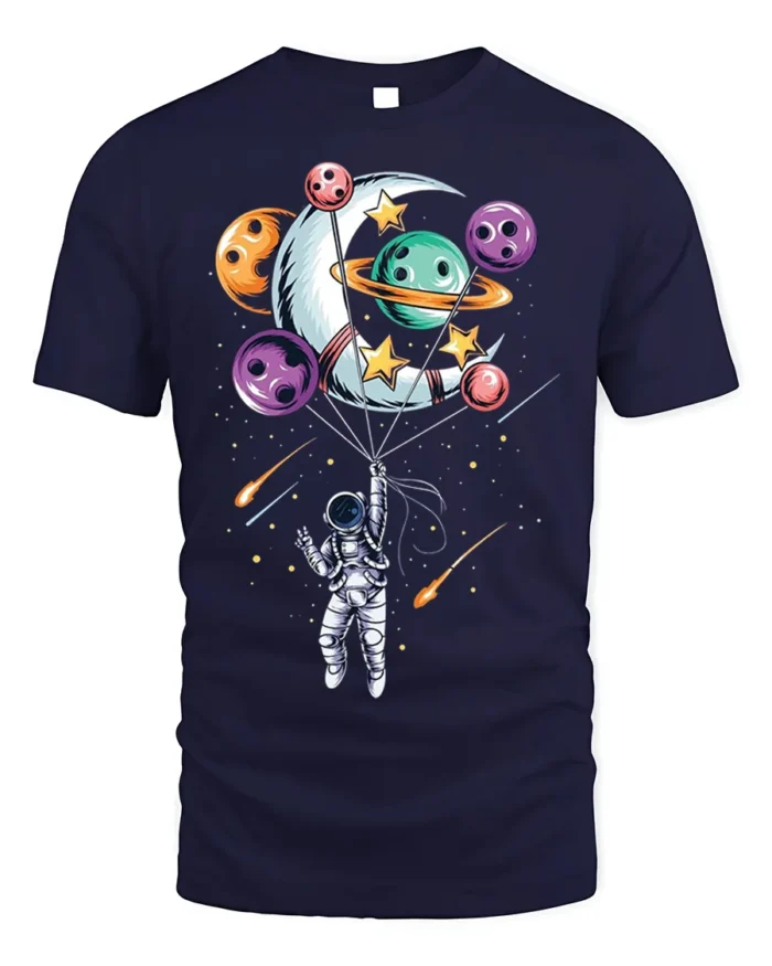 Astronaut Floating with Planet Balloons Space Art T-Shirt - navy t-shirt on white background