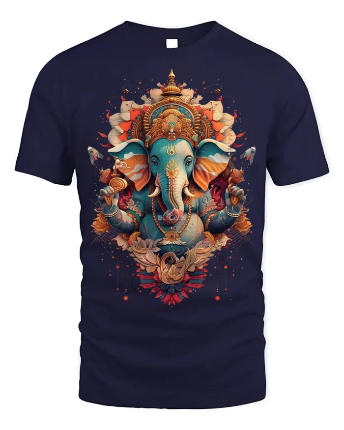 Colorful Lord Ganesha Hindu Art Spiritual T-Shirt Design - navy t-shirt on white background