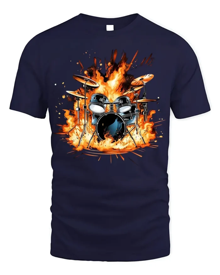 Drum Set on Fire T-Shirt Cool Rock Music Graphic - navy t-shirt on white background