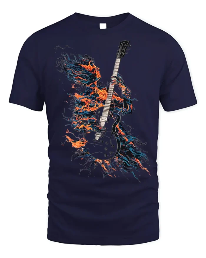 Flaming Guitarist T-Shirt Electric Fire Music Graphic - navy t-shirt on white background