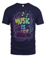 Music Is Life T-Shirt Colorful Neon Style Music Lover - navy t-shirt on white background