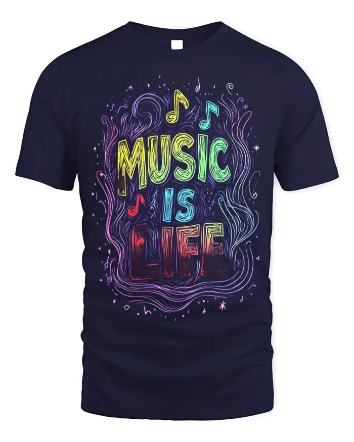 Music Is Life T-Shirt Colorful Neon Style Music Lover - navy t-shirt on white background