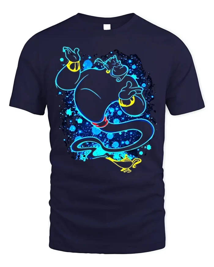 Magic Genie T-Shirt Blue Neon Cartoon Lamp Graphic - navy t-shirt on white background