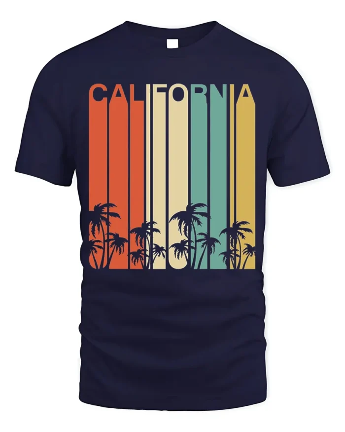 Retro California T-Shirt Vintage Sunset Palm Tree - navy t-shirt on white background