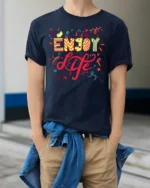 Enjoy Life Graphic T-Shirt Colorful Fun Positive Tee - model wearing navy shirt, hands in pockets