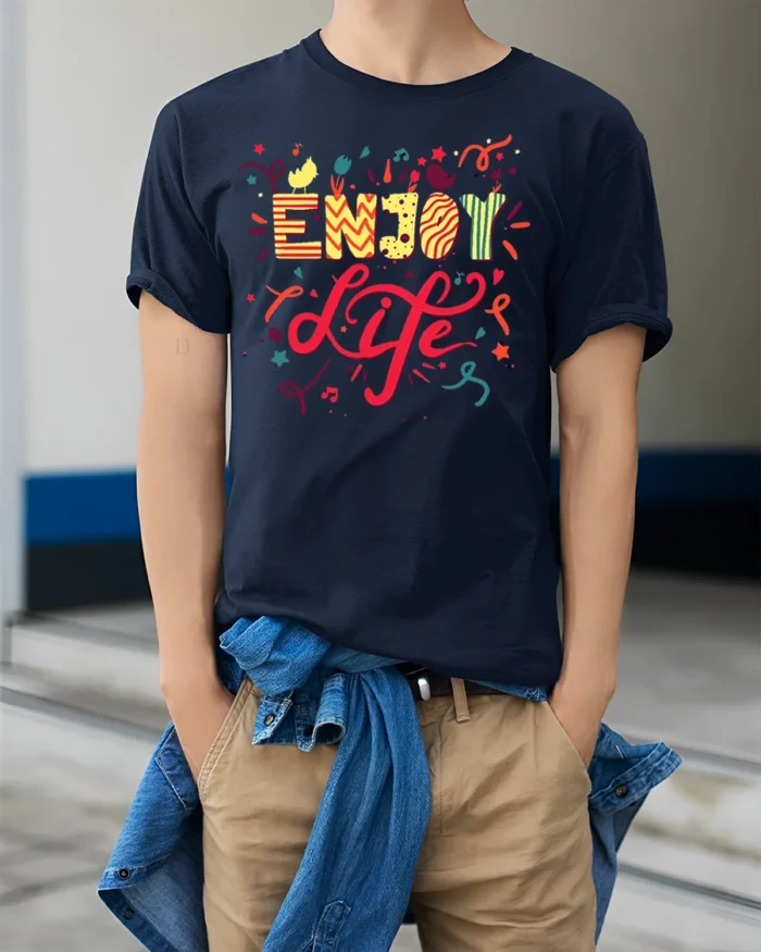 Enjoy Life Graphic T-Shirt Colorful Fun Positive Tee - model wearing navy shirt, hands in pockets