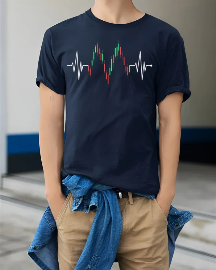 Heartbeat Trading T-Shirt Stock Market Candlestick - model wearing navy shirt, hands in pockets