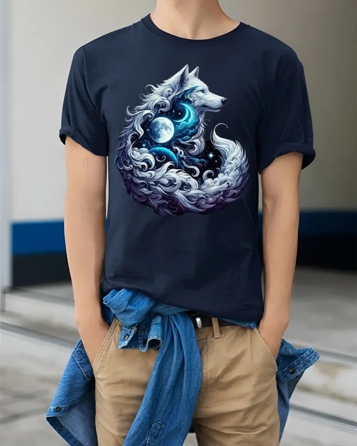 Mystic Wolf Moon Galaxy Spirit Animal Graphic T-Shirt - model wearing navy shirt, hands in pockets