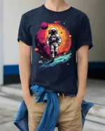 Retro Astronaut Spacewalk Galaxy Adventure T-Shirt - model wearing navy shirt, hands in pockets