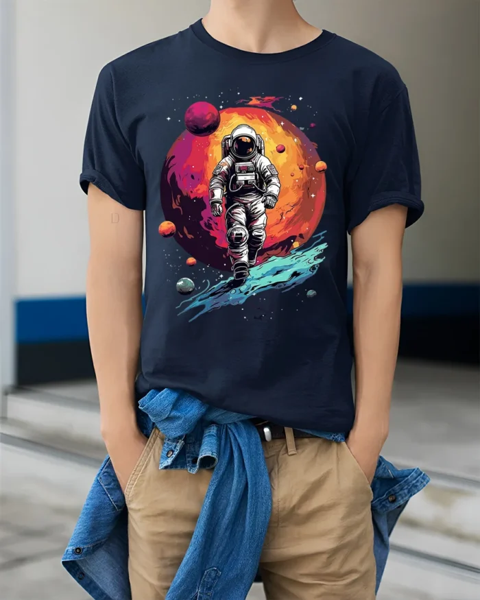 Retro Astronaut Spacewalk Galaxy Adventure T-Shirt - model wearing navy shirt, hands in pockets