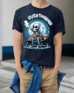 Overthinking Skeleton Sitting on Bench Graphic T-Shirt - model wearing navy shirt, hands in pockets