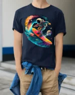 Astronaut Surfing Space Wave Retro Galaxy T-Shirt - model wearing navy shirt, hands in pockets