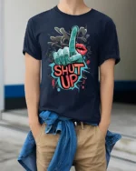 Shut Up Graffiti Style Bold Graphic Statement T-Shirt - model wearing navy shirt, hands in pockets