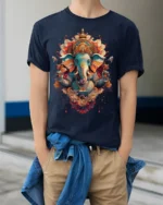 Colorful Lord Ganesha Hindu Art Spiritual T-Shirt Design - model wearing navy shirt, hands in pockets