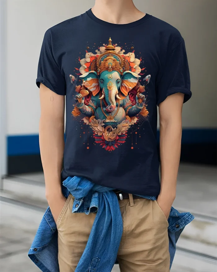 Colorful Lord Ganesha Hindu Art Spiritual T-Shirt Design - model wearing navy shirt, hands in pockets