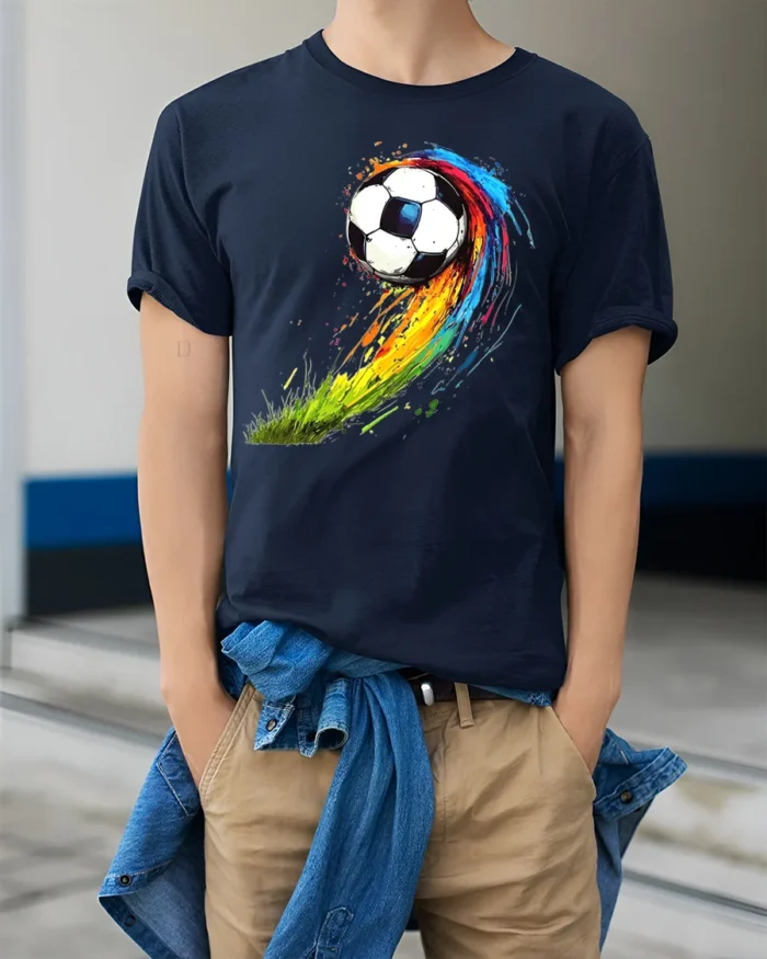 Color Splash Soccer Ball Graphic T-Shirt for Sports Fans - model wearing navy shirt, hands in pockets