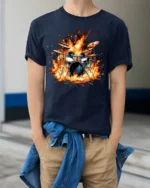Drum Set on Fire T-Shirt Cool Rock Music Graphic - model wearing navy shirt, hands in pockets