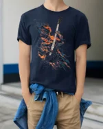 Flaming Guitarist T-Shirt Electric Fire Music Graphic - model wearing navy shirt, hands in pockets