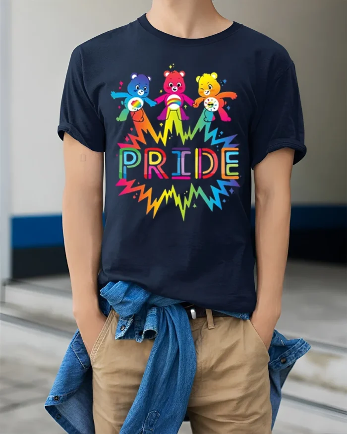 Cute Rainbow Bear Pride T-Shirt Colorful LGBTQ - model wearing navy shirt, hands in pockets