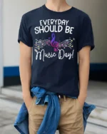 Everyday Should Be Music Day T-Shirt Colorful Music - model wearing navy shirt, hands in pockets